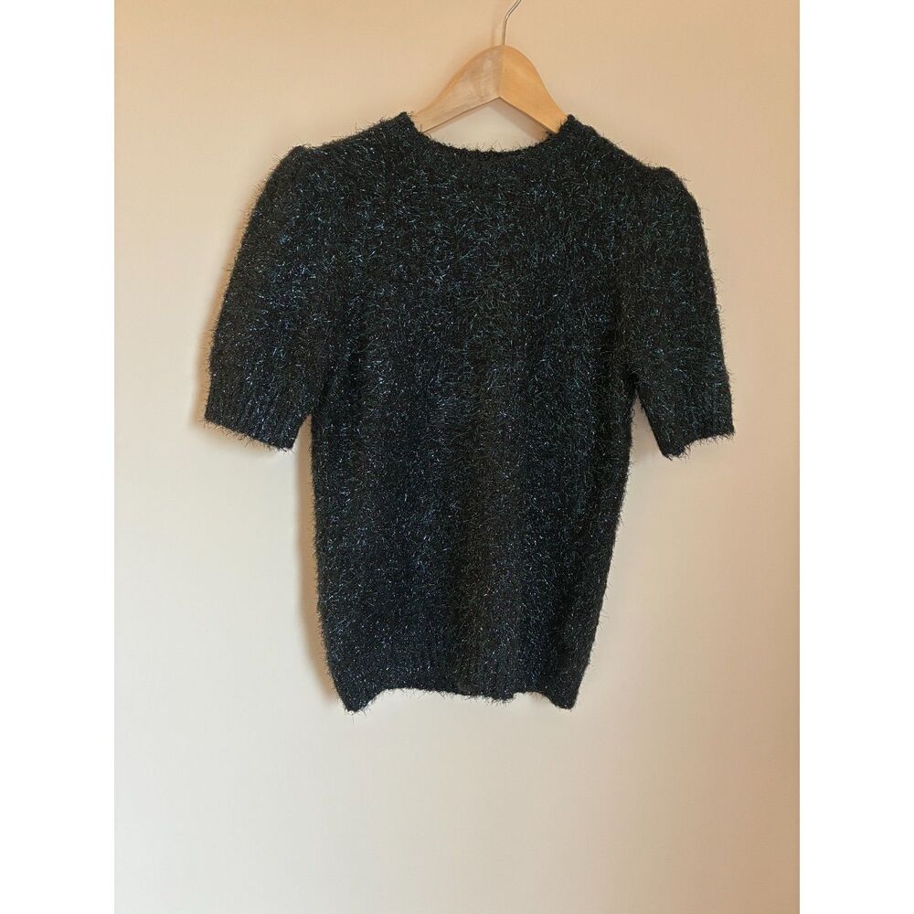 Rachel Zoe fuzzy sweater black knit material with metallic blue threading